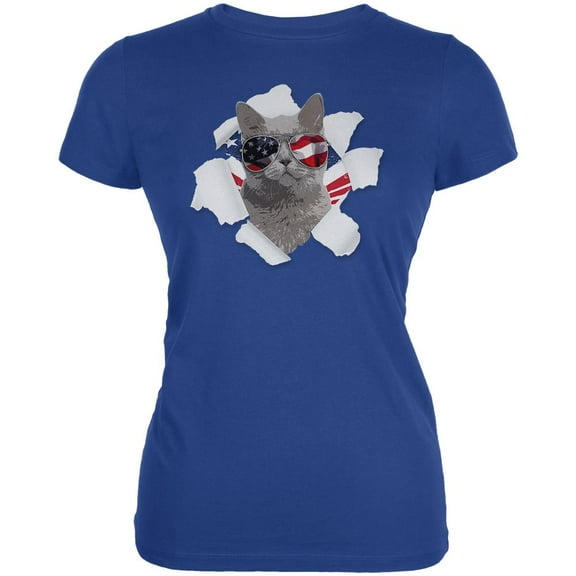 4th of July Meowica Americat Patriot Juniors Soft T Shirt Royal SM