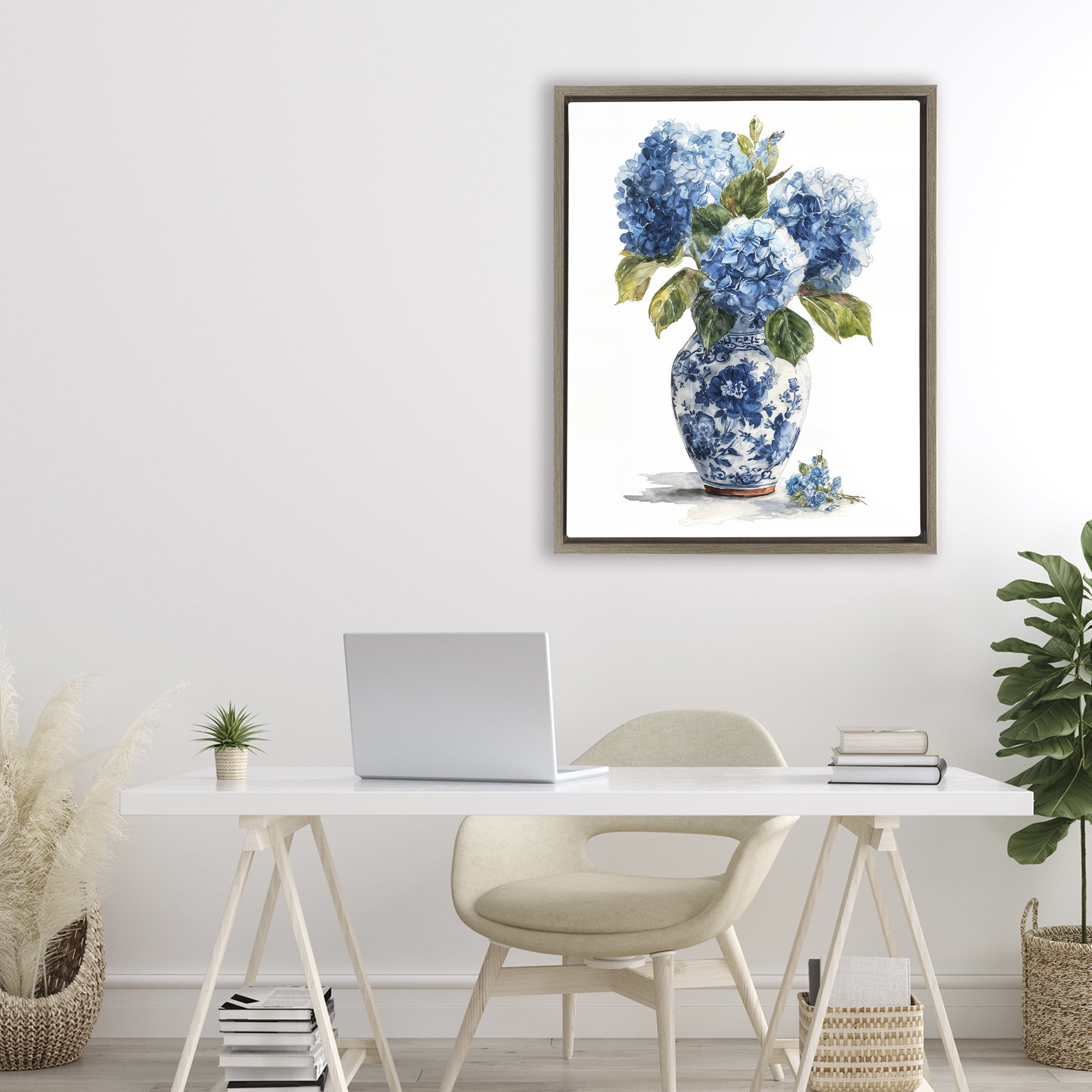 Stupell Industries Porcelain Vase with Hydrangea Bouquet Brown Framed Floater Canvas Wall Art, design by Imagine It Images