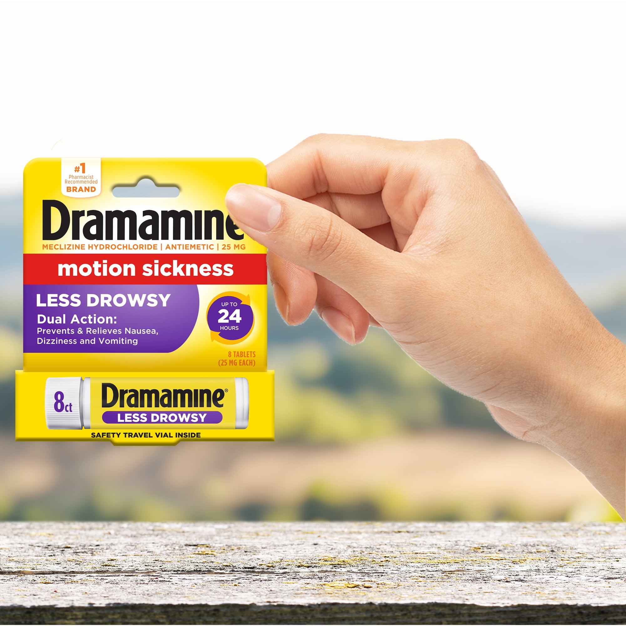 Dramamine All Day Less Drowsy, Motion Sickness Relief, Sensitive Stomach, 8 Count