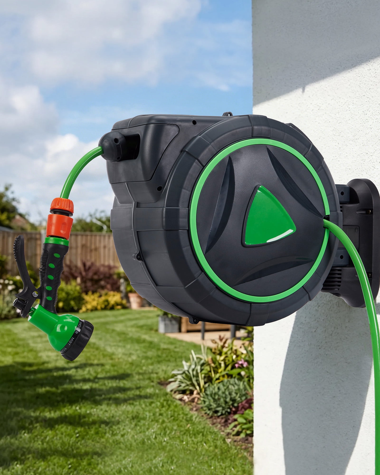Retractable Garden Hose Reel - 1/2 in x 65 ft Automatic Wall Mount Heavy Duty Automatic Water Hose Reel, Kink-Resistant Hose, 180° Swivel Bracket, Auto-Lock for Lawn and Car Washing