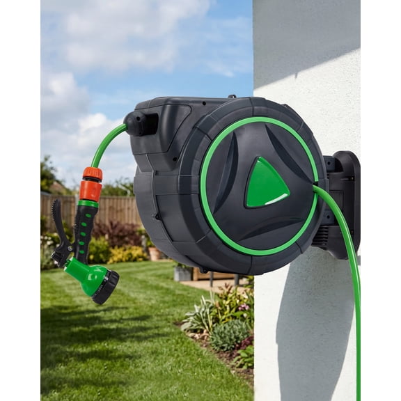 Retractable Garden Hose Reel 65 ft x 1/2 inch, Heavy Duty Automatic Garden Hose Reels with Kink-Free Rewind and Lock at Any Length, Wall Mount Water Hose Reel for Lawn and Car Washing