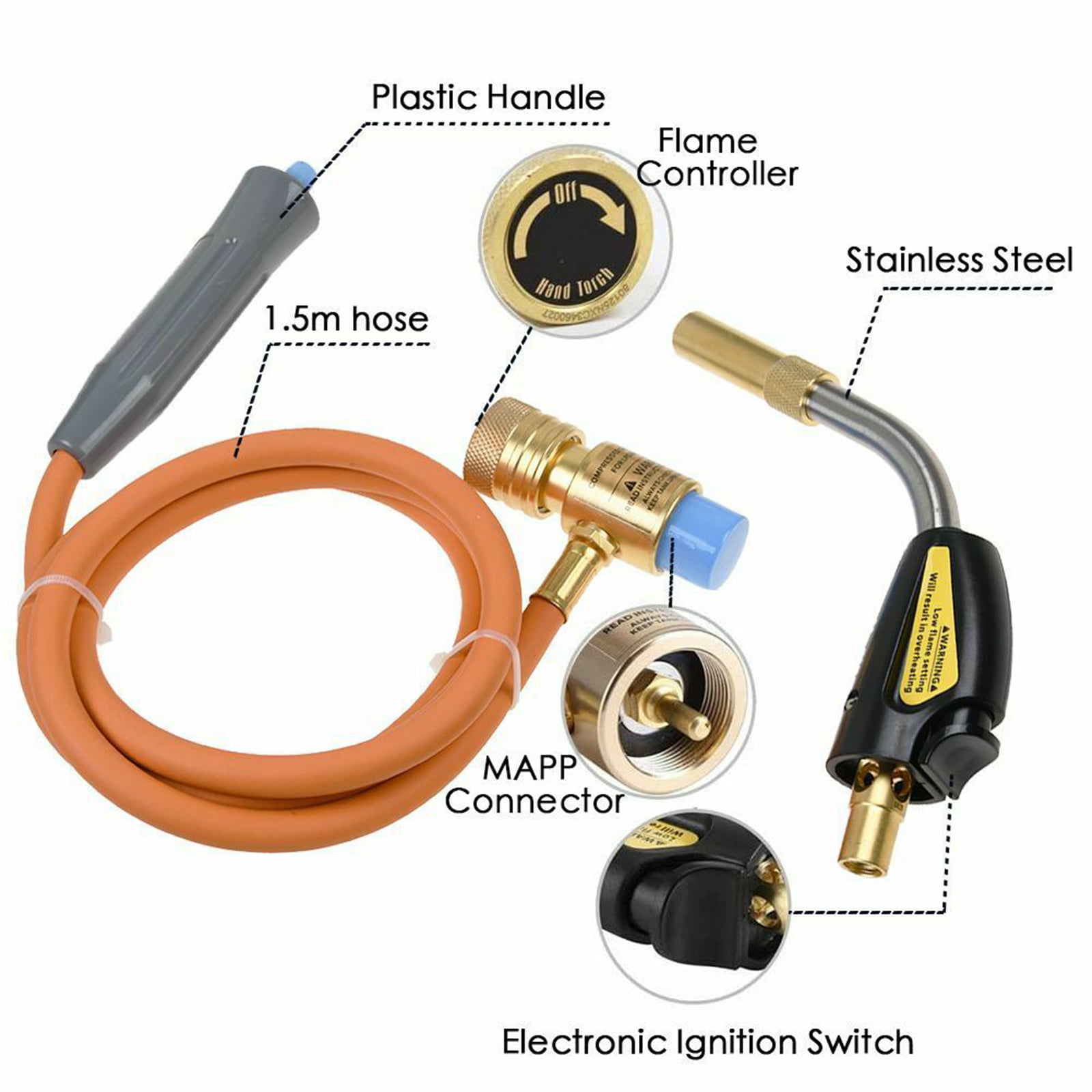 Gas Tank Not Included Gas Torch 1.5M 4.92Ft Hose Self-Ignition Burner Turbo for Cooking Soldering Welding Brass Ignition Head 