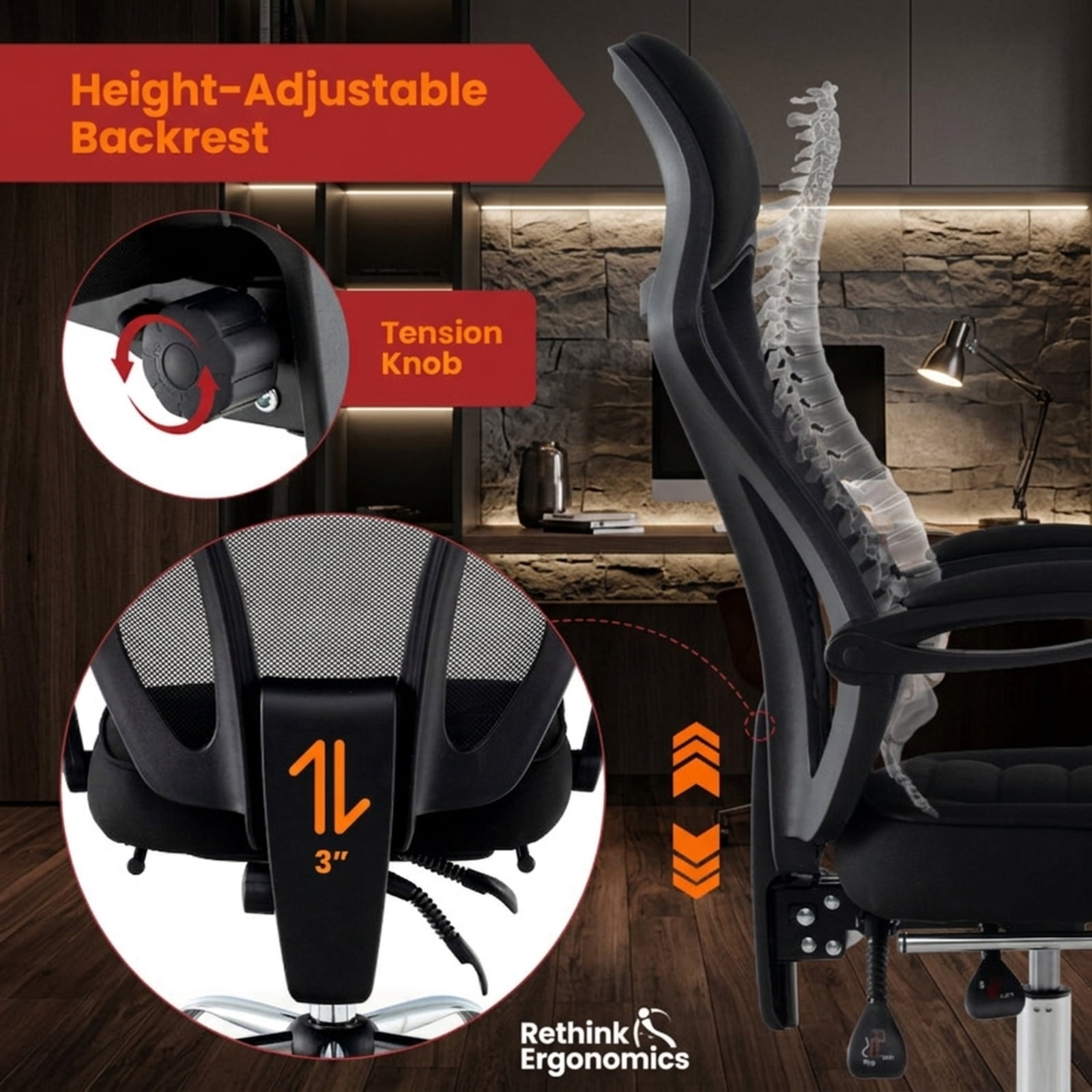 Furnibear Ergonomic Mesh Office Chair High Back Breathable Computer Chair with Retractable Footrest Tilting Backrest and Headrest, Black