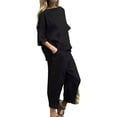 thumbnail image 4 of ASDFVBKG Linen Sets for Women 2 Piece, 3/4 Length Sleeve Linen Sets Women – Casual Shirt & Wide Leg Pants Outfit for Cozy Style Black M, 4 of 5