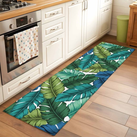 2'x6' Rug Runners for Hallways Kitchen, Summer Tropical Leaves Non Slip Entryway Beside Floor Carpet Runner, Blue Green Botanical Leaf Plants Laundry Room Bedroom Throw Rugs Mat for Family Pet