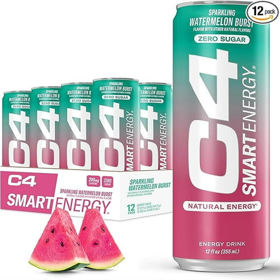 Smart Energy Drink ‚ Boost Focus and Energy with Zero Sugar, Natural Energy, and Nootropics - 200mg Caffeine - Watermelon Burst (12oz Pack of 12)