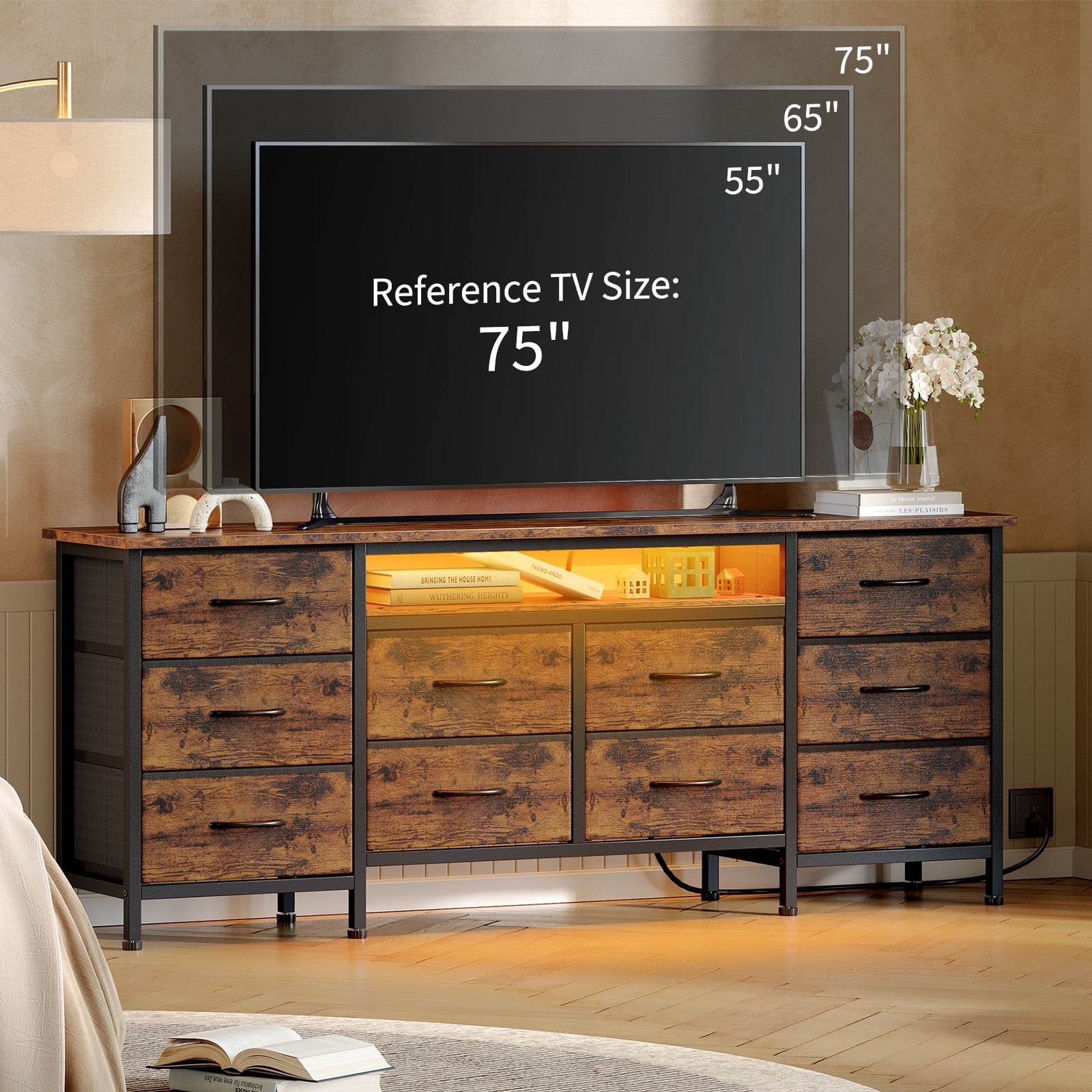 Kicctian 63" Wide Black Dresser with 10 Fabric Drawers Dresser with LED Lights and Power Outlet – Dresser for Bedroom & TV Stand for Living Room,Brown