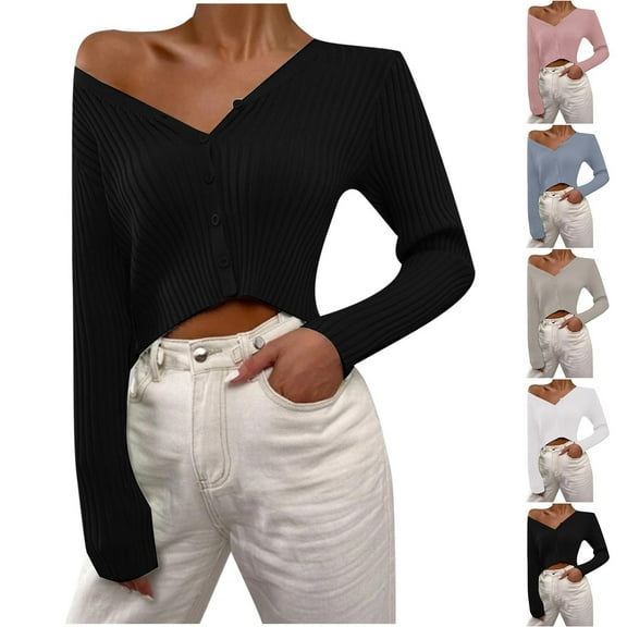 Lovskoo 2024 Sweaters for Women Trendy Long Sleeve Loose Solid Color V-Neck Pullover Sweater Coat Khaki