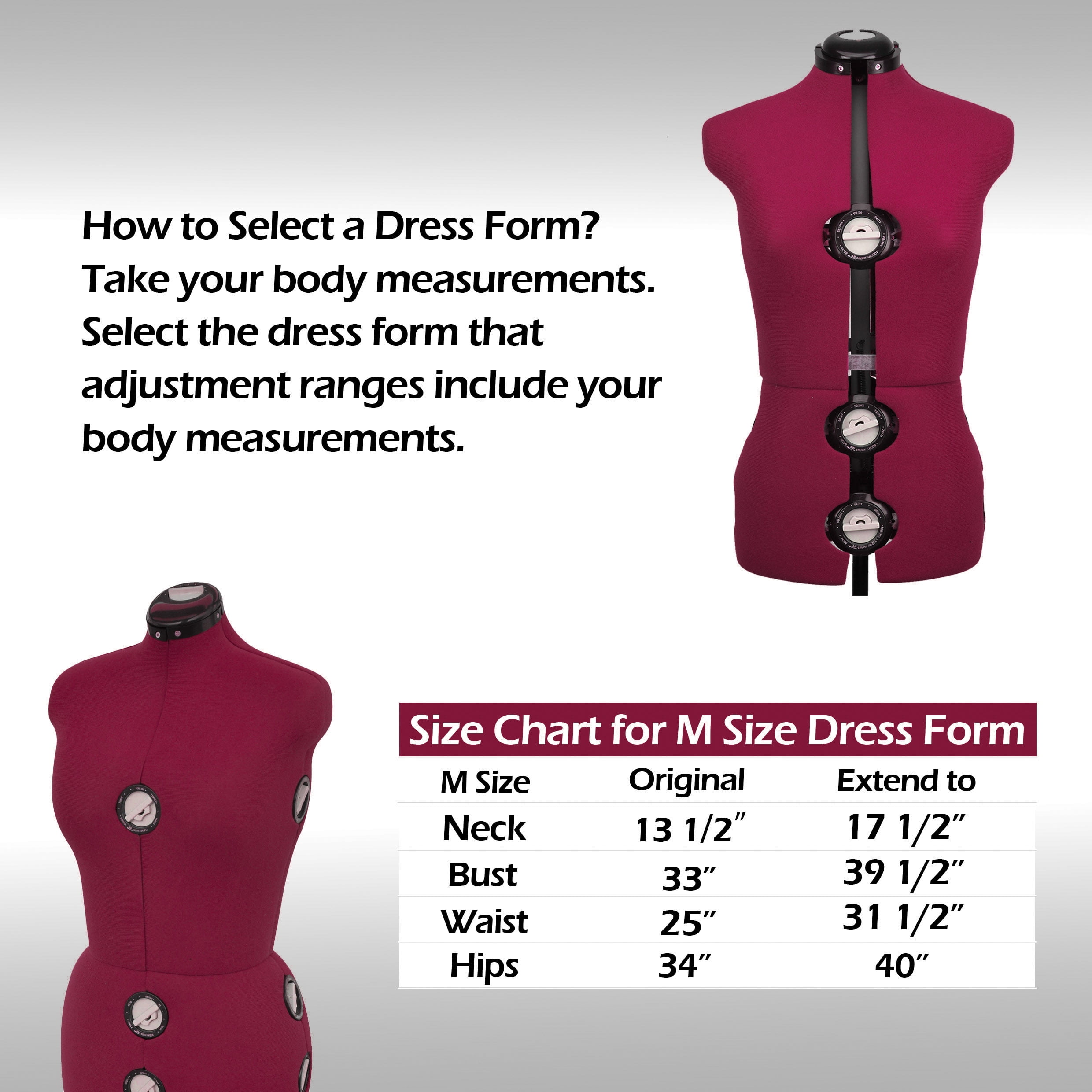 GEX 13 Dials Female Fabric Adjustable Mannequin Dress Form for Sewing, Mannequin Body Torso with Stand, Up to 70" Shoulder Height Burgundy (Large)