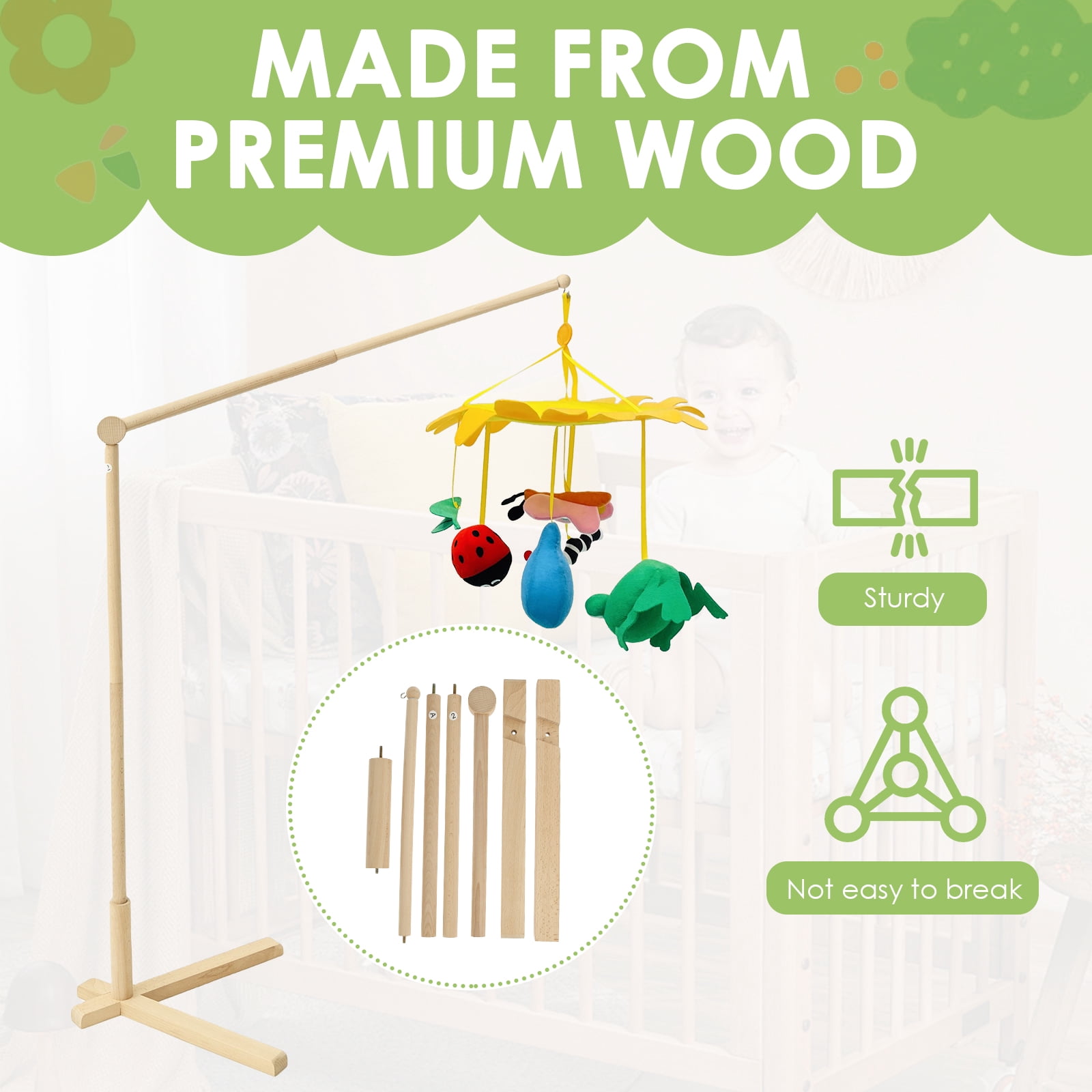 Wood Floor Standing Crib Mobile Arm Movable Baby Mobile Holder 55.51in Height Nursery Decor for Hanging Bed Bell Baby Bed Toys