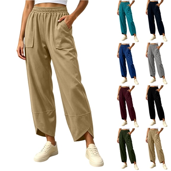 VBVC Women's Elastic Waist Curved Hem Pants , Casual Stretchy Joggers For Women , Ladies' Wide Leg Trousers with Pockets, S-2XL