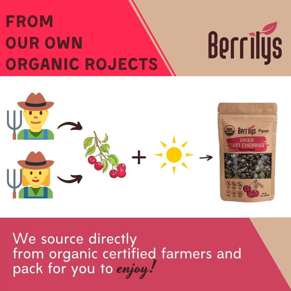 Berrilys Organic Dried Tart Cherries, 1 lb, Unsweetened, Pitted, Non-GMO, Kosher, Unsulfured, No Added Sugar