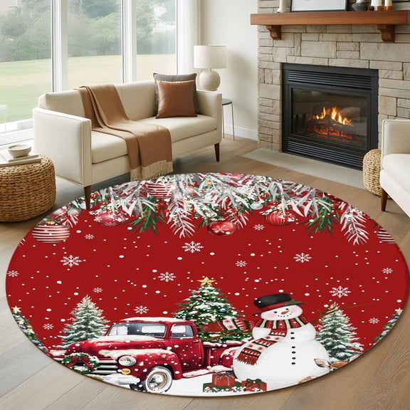 Round Area Rugs Collection 7 Ft, Red Christmas Non-Slip Residential Carpet, Snowman Xmas Truck Balls Tree Indoor Crawling Mats Runner Rugs for Living Room/Dining Room/Bedroom