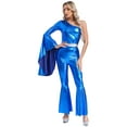 thumbnail image 3 of LiiYii 70s Shiny Metallic Disco Outfit for Women One Shoulder Long Sleeve Hippie Jumpsuit Royal Blue XL, 3 of 7