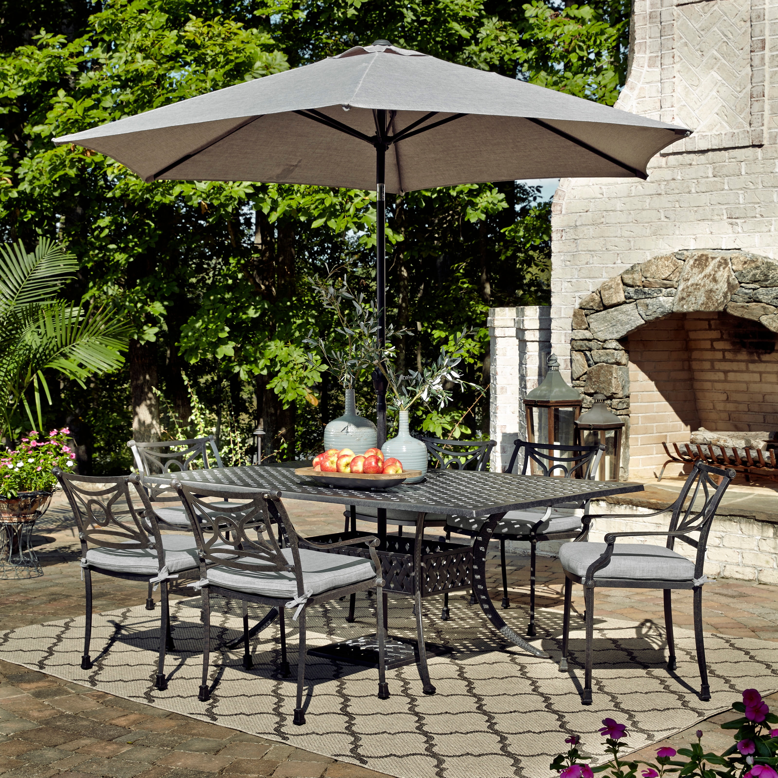 Home Styles La Jolla Cast Aluminum Outdoor Rectangular 7 Pc Dining Group With Umbrella Base Walmart Com Walmart Com