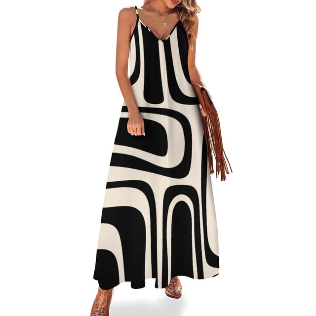 Vestido sin mangas con estampado abstracto moderno de mediados de siglo en color crema almendra y negro de Palm Springs Vestido de mujer