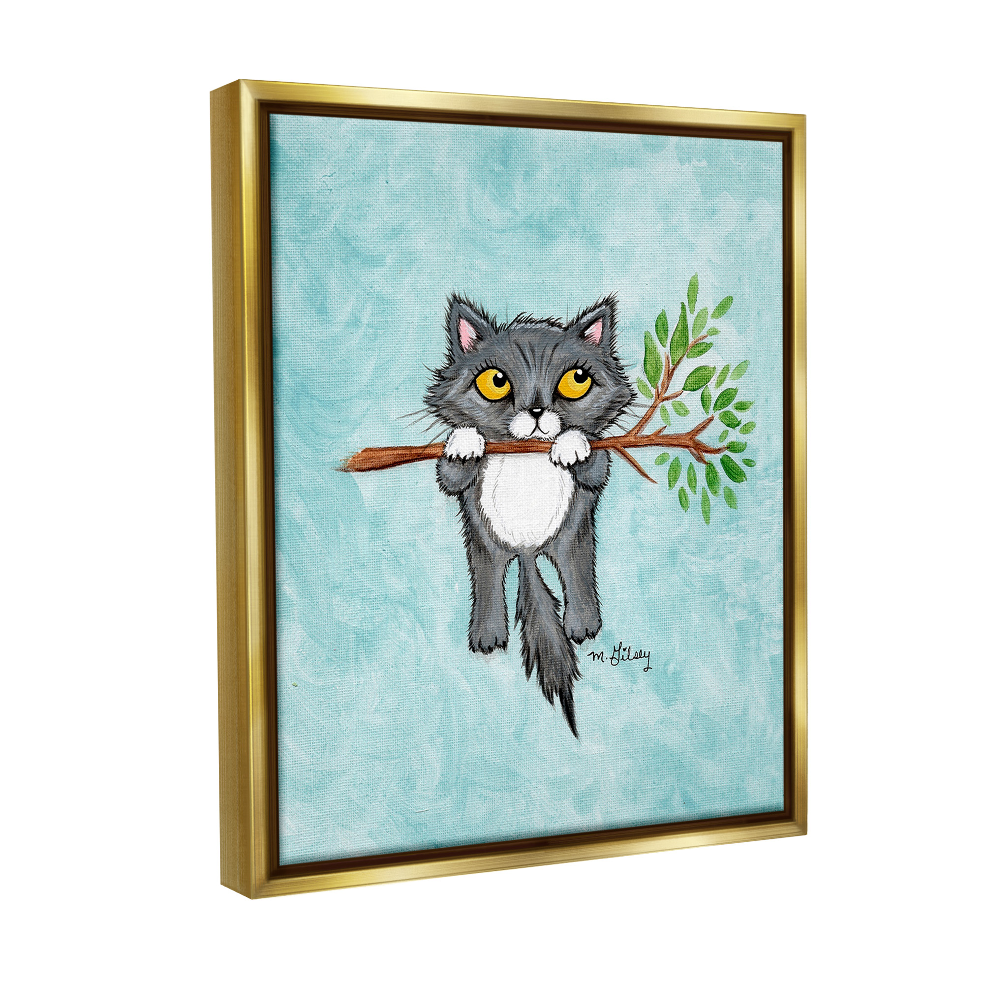 Stupell Industries Kitten Climbing Branch Animals & Insects Painting Gold Floater Framed Canvas Art Print Wall Art, 25 x 31