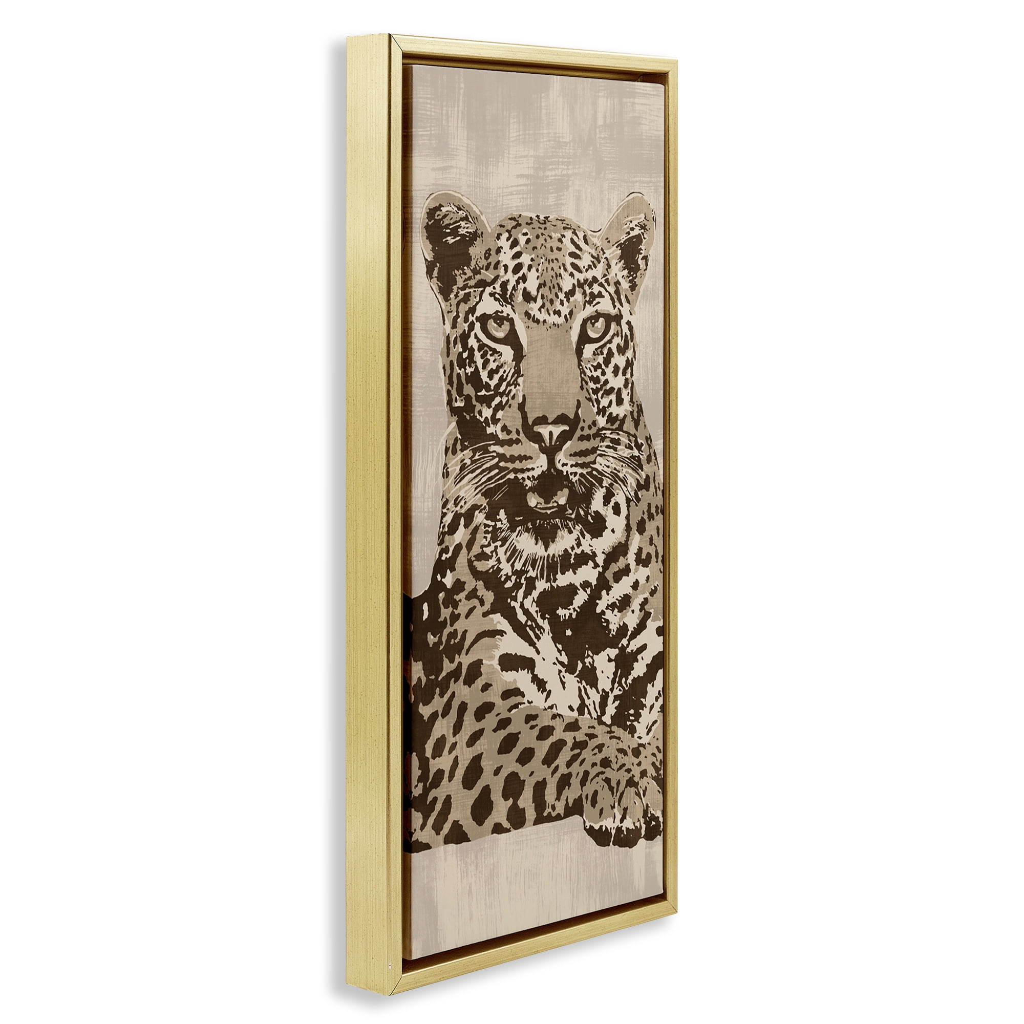 Stupell Industries Muted Fierce Leopard Animals Painting Gold Floater Framed Canvas Art Print Wall Art, 11 x 25