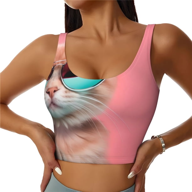Fotbe Cool Cat Pink Sunglasses Sujetador Deportivo Largo sin Aros para Mujer con Almohadillas y Soporte Medio, Transpirable y Absorbente, Camiseta Tipo Chaleco o Tank Top-XX-Large