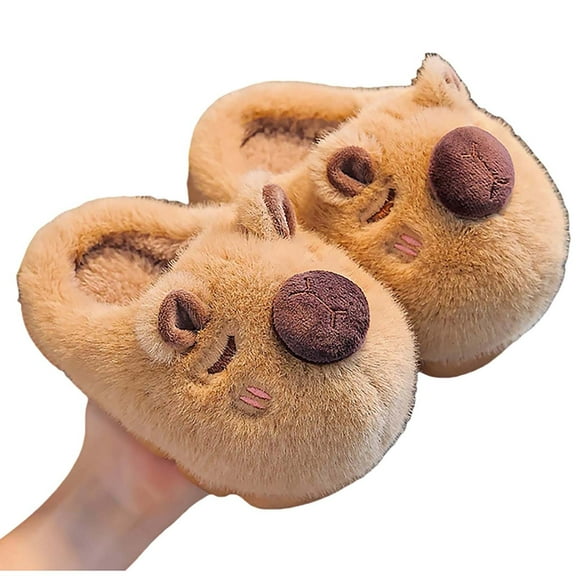 Tfken Winter Slippers For Girls Boys Fleece Soft Round Toe Flatform Slip-On Capybara Print Coffee Slippers Size 2-3 Years