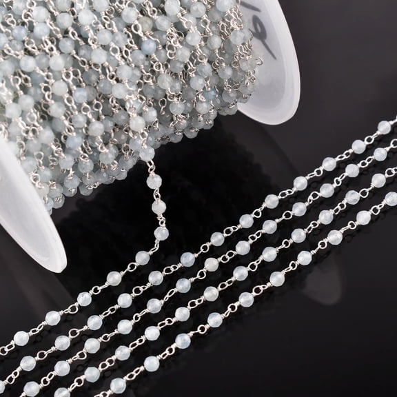 QNAVIC Natural Aquamarine Gemstone Handmade Beaded Stone Rosary Chains with 3mm Beads Jewelry Making DIY Accessories 925 Sterling Silver Rosary Chain Hand Craft (1 feet)