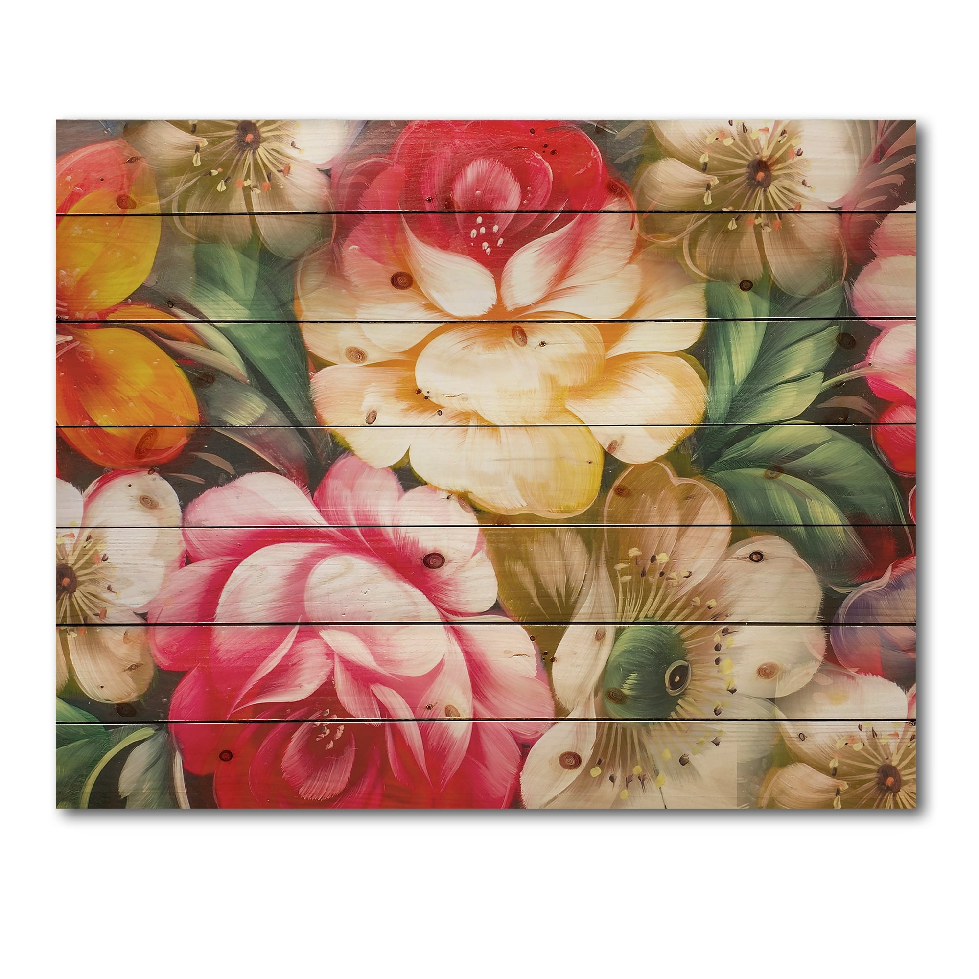 Designart 'Red and Yellow VIntage Flowers' Traditional Print on Natural Pine Wood