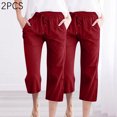 thumbnail image 3 of REALiKUN 2PCS Capri Pants for Women Casual Summer Drawstring Elastic High Waist Linen Pants Wide Leg Plus Size Lounge Capris, 3 of 6