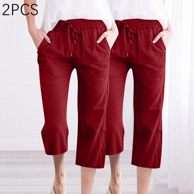 Simua L Capri Pants for Women Summer Loose Wide Leg Pants with Pockets 2PC