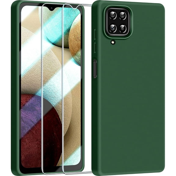 【3 in 1 for Samsung Galaxy A12 case, with 2 Pack Screen Protector, Camera Protection，Liquid Silicone Slim Shockproof Protective Phone Case [Microfiber Lining] (Navy Blue)