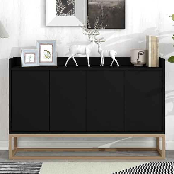 Modern Sideboard Storage Cabinet with Doors and Metal Base Wood Kitchen Sideboard Buffet Cabinet with Adjustable Shelves for Small Space, Black
