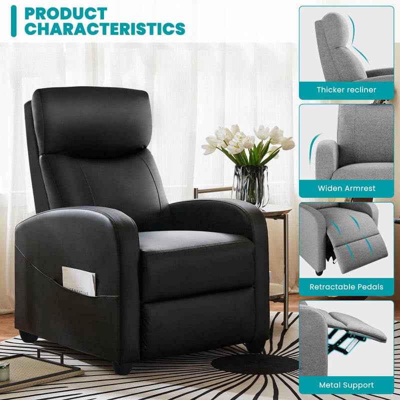 Gianna Recliner Chair No Massage, Home Theater Seating with Lumbar Support, Adjustable Push Back Overstuffed High-Density Sponge Reclining for Living Room, Black