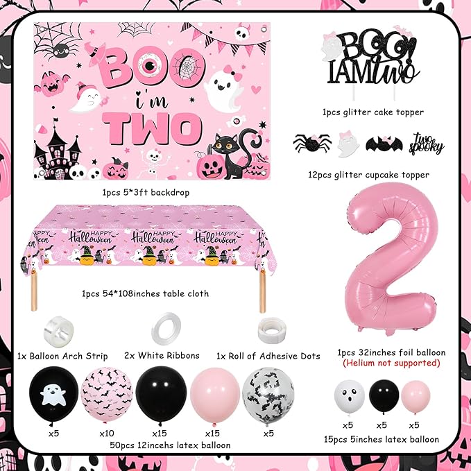Halloween 2nd Birthday Decoration Girl Boo I’m Two Backdrop Cake Cupcake Topper Table Cloth Pink Black Halloween Foil Balloon Garland Arch Kit for Two Spooky 2 Years Old Birthday Decoration