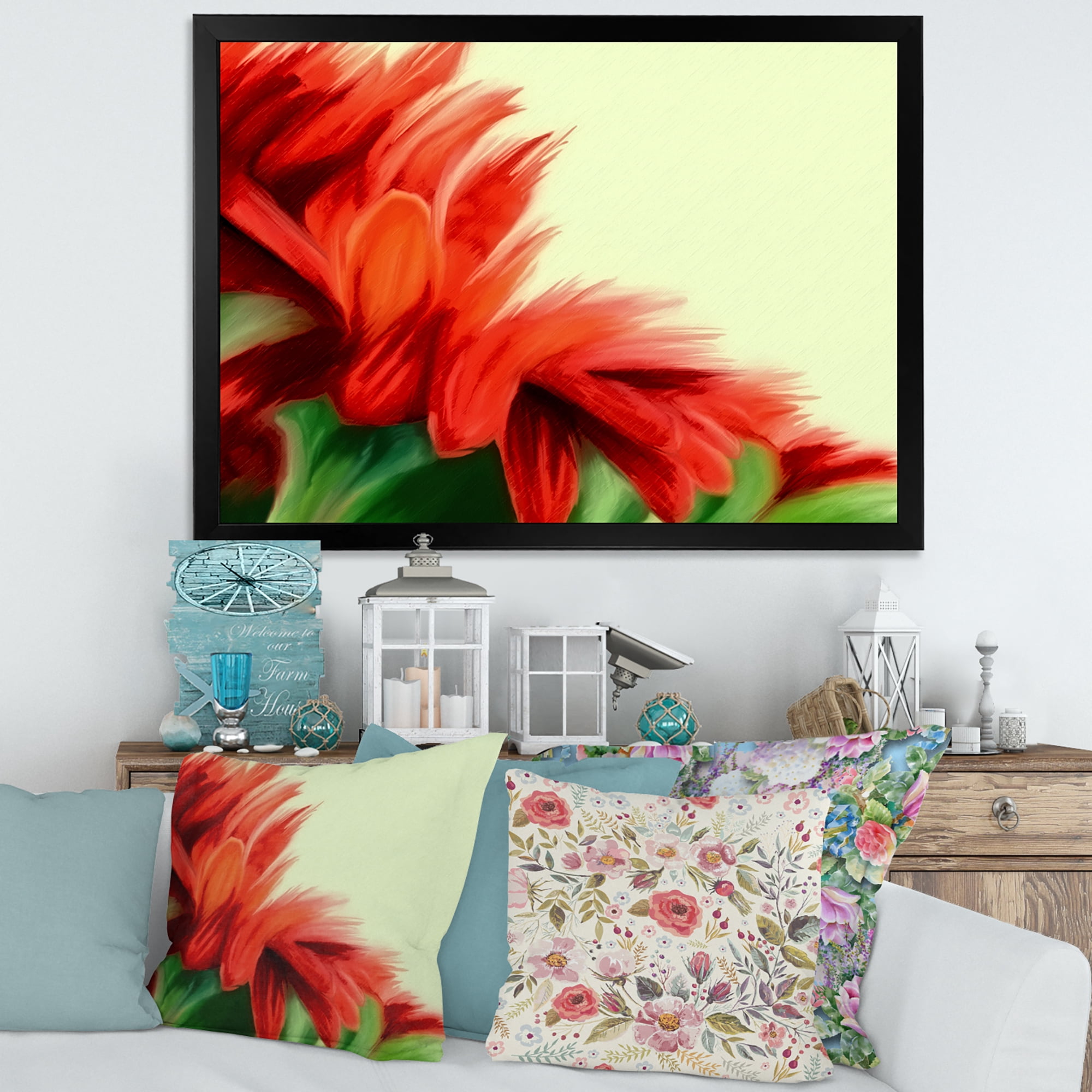Designart 'Red Floral Brush Strokes On Green' Traditional Framed Art Print
