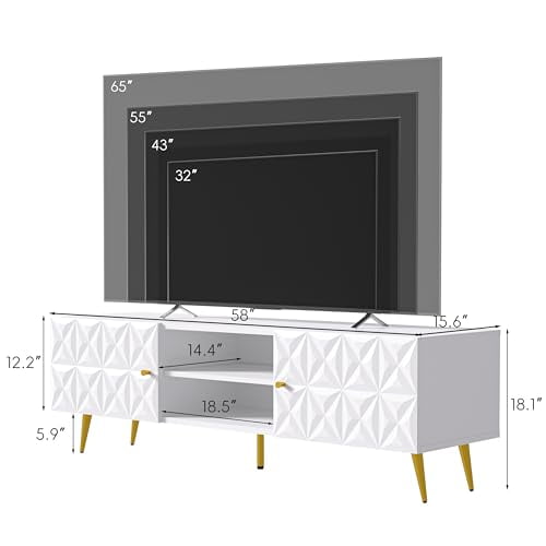 White TV Stand for 65 Inch TV, Embossed Geometric TV Console with Gold Legs, Modern Entertainment Center w/Storage Cabinets & Adjustable Shelves, Media Console for Living Room, Bedroom - 58" W