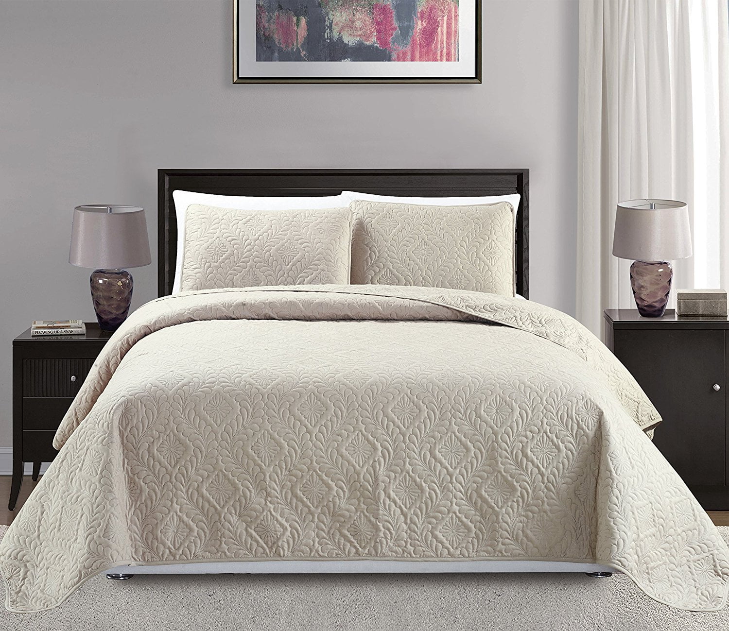 Fancy Linen 3pc Oversize Diamond Embossed Bedspread Solid Navy Blue New