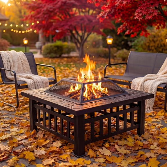 32" Fire Pits for Outside, SYNGAR Wood Burning Bonfire Fire Pit Table with Mesh Lid, Grate and Poker, Outdoor Metal Square Fire Pit for BBQ, Camping, Picnics, Backyard