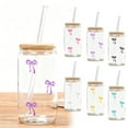 thumbnail image 6 of Cute Bow Glass Cups With Lids 500ML(16OZ) Aesthetic Iced Coffee Cup Girly Preppy Design Tumbler Mug Birthday Valentines For Teen Girl,PP, 6 of 6