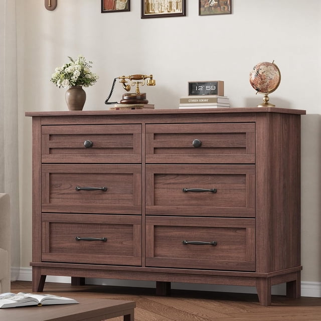 Commode à 6 Tiroirs, Coffre de Rangement Autoportant de 47 Pouces de Large pour Chambre, Salon et Entrée