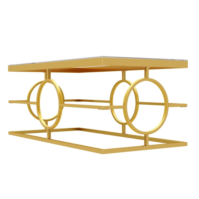 Glass Top Coffee End Table with Gold Metal Frame, Rectangular Storage Center Cocktail Table with Geometric Circle Base