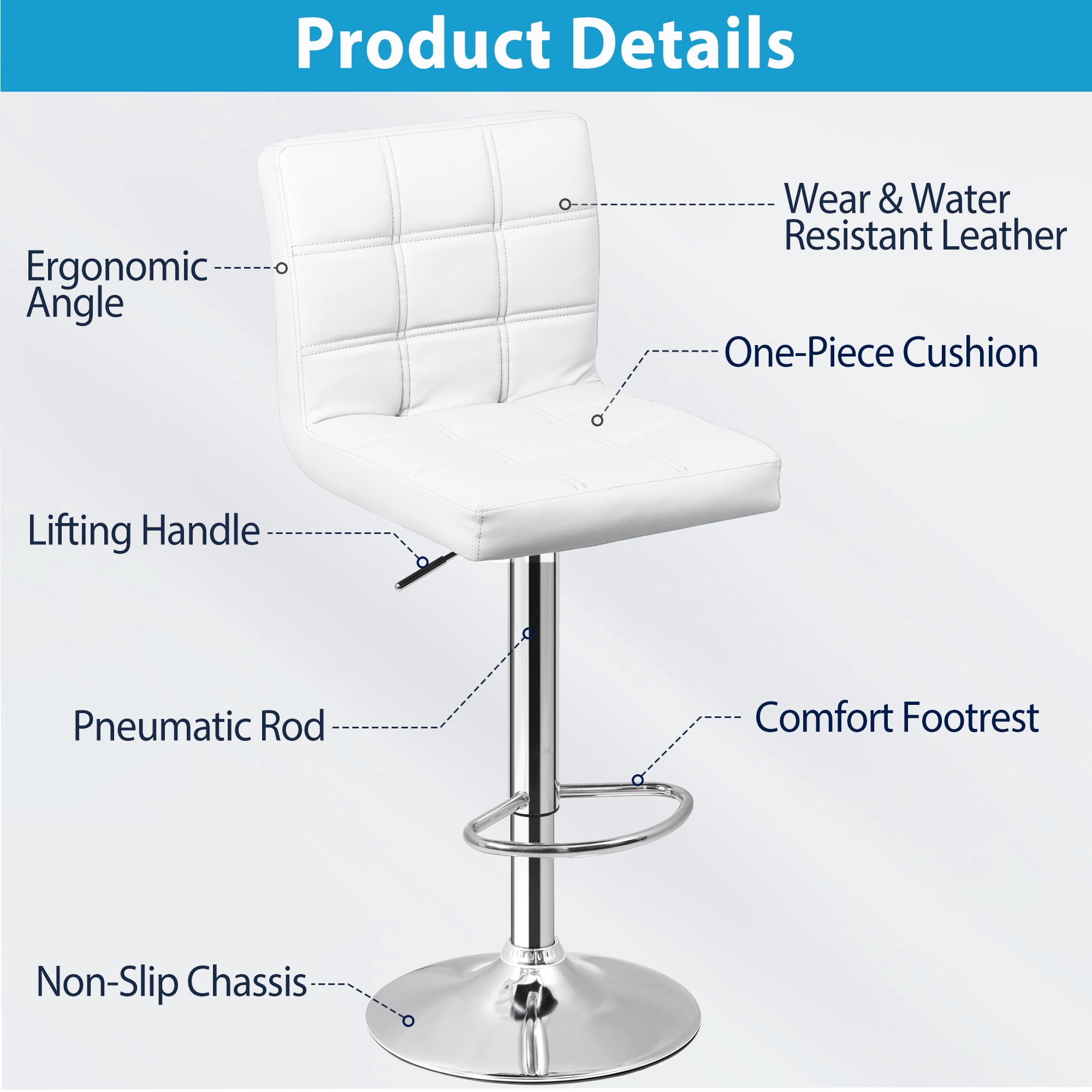 ZenSports Set of 4 Adjustable Stool W/Back - PU Leather Swivel Barstools Bar Kitchen Counter Stool White