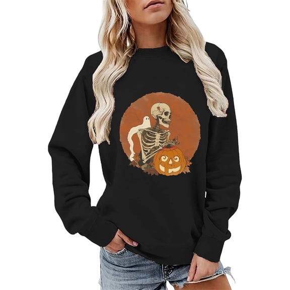 WEIWEN Halloween Sweatshirt for Women Oversized Fashion Clothing Funny Skeleton Pumpkin Printed Long Sleeve Crewneck Fall Sweaters for Women Going Out Tops Black, S