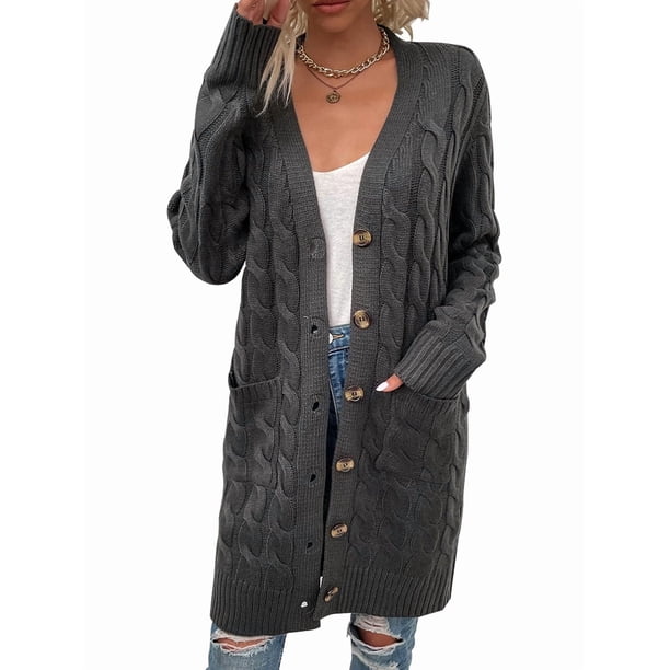 Suéter Cárdigan de Larga para Mujer, Otoño e Invierno, Tejido de Punto , con Botones Delanteros, Abrigo Gris Oscuro S