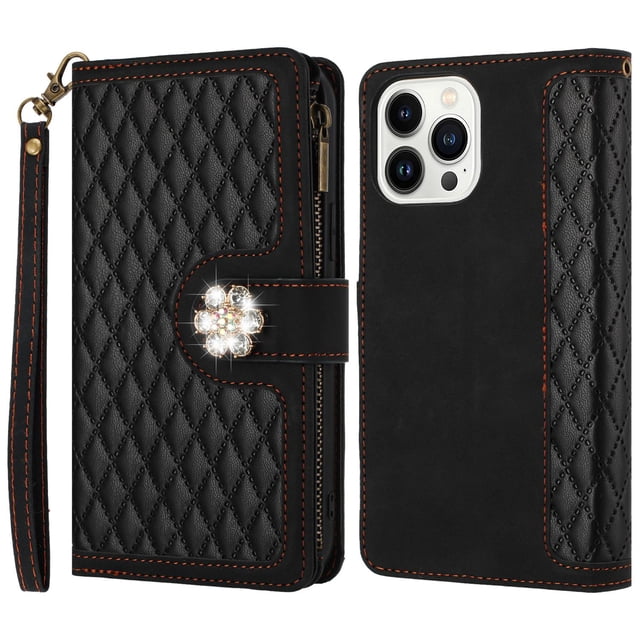 Jewelled Cushioned Leather Wallet Flip Cover for iPhone 15 Pro, Card Slots, Coin Pocket, Zippered Pouch Bag, Removable Wristlet, RFID Blocking Flip Cover