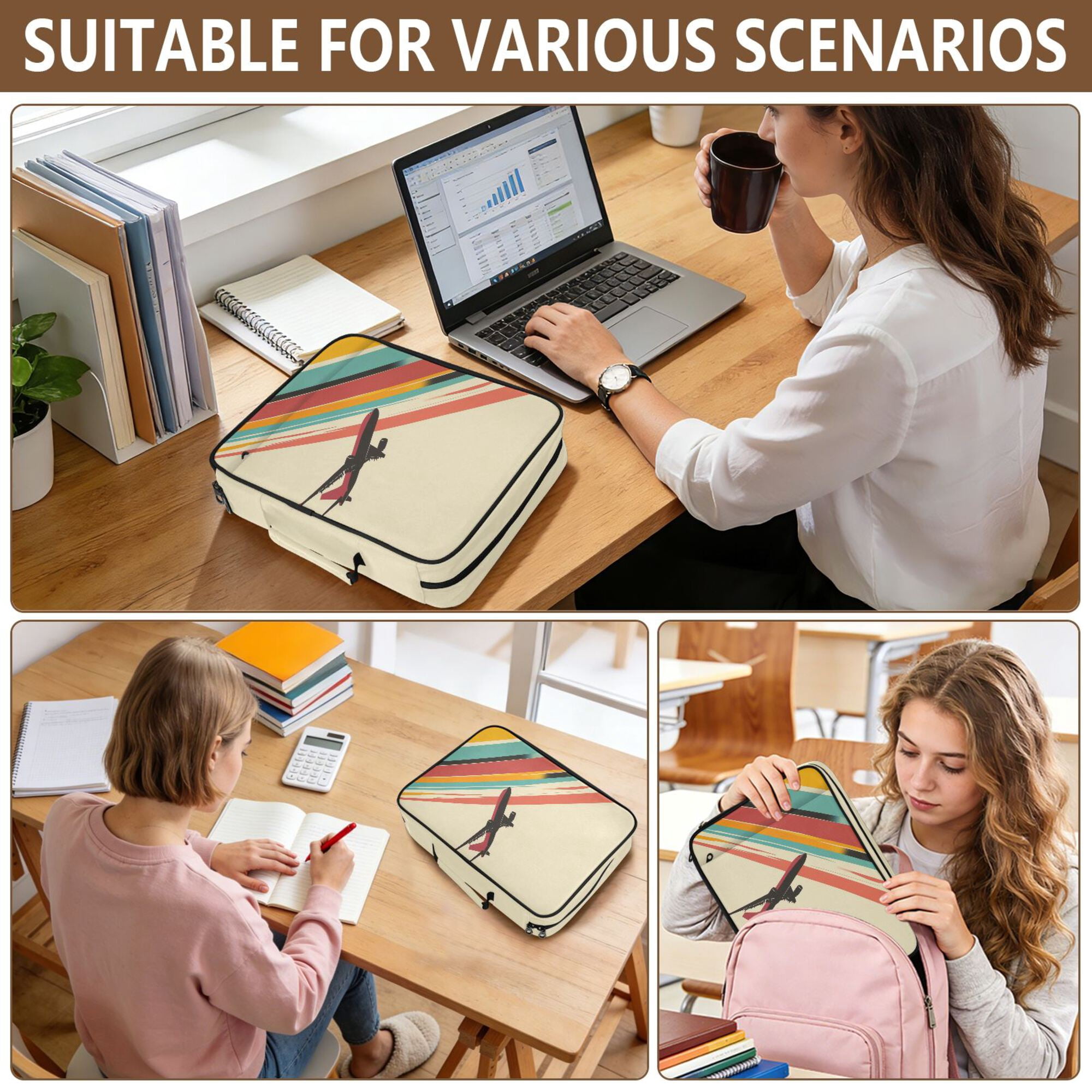 FORMRS Accordion File Folder A4 Size 7-Pocket Expanding Document Organizer Bag with 3 Ring Binder, Colorful Plane Stripes