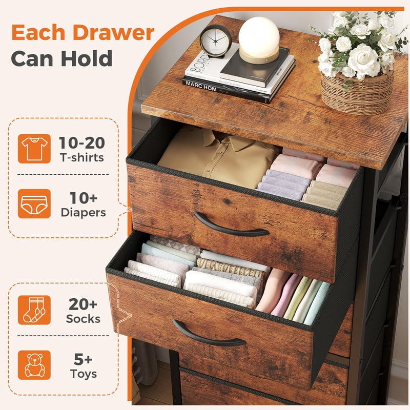 Kelno 6 Drawer Fabric Dresser Steel Frame Storage Chest Organizer with Wood Top, Rustic Brown