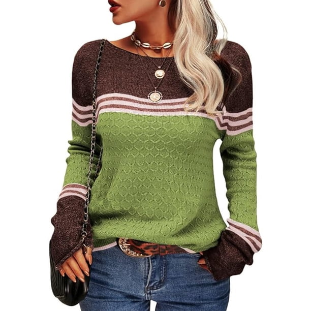Suéter de punto con cuello redondo y manga larga con bloques de color a rayas para mujer