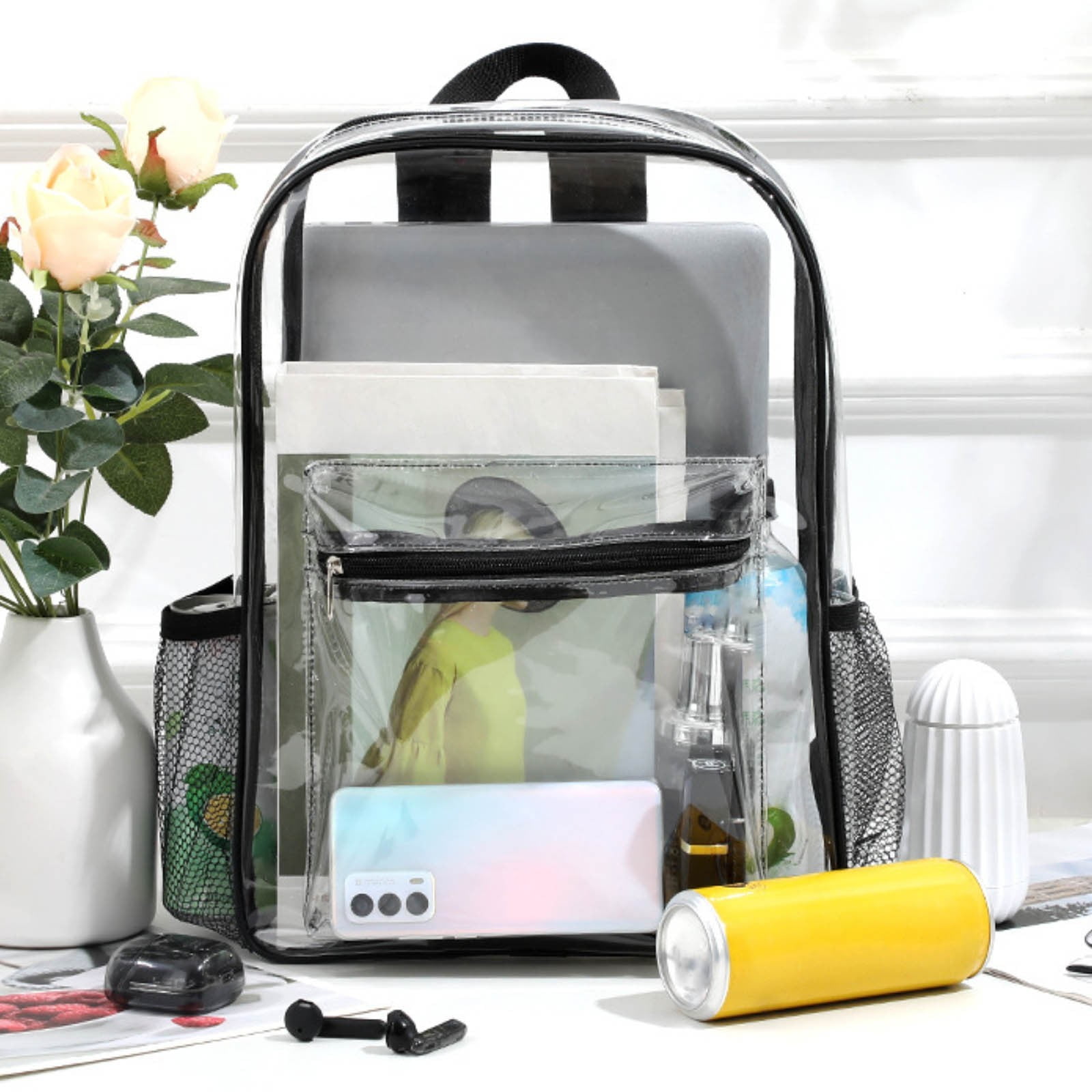 Yhmxh Clear Backpack Heavy Duty Large Clear Bookbag for Adults See Through Backpack with Wider Shoulder Straps for Concert Sport Work Games Supplie (Black)