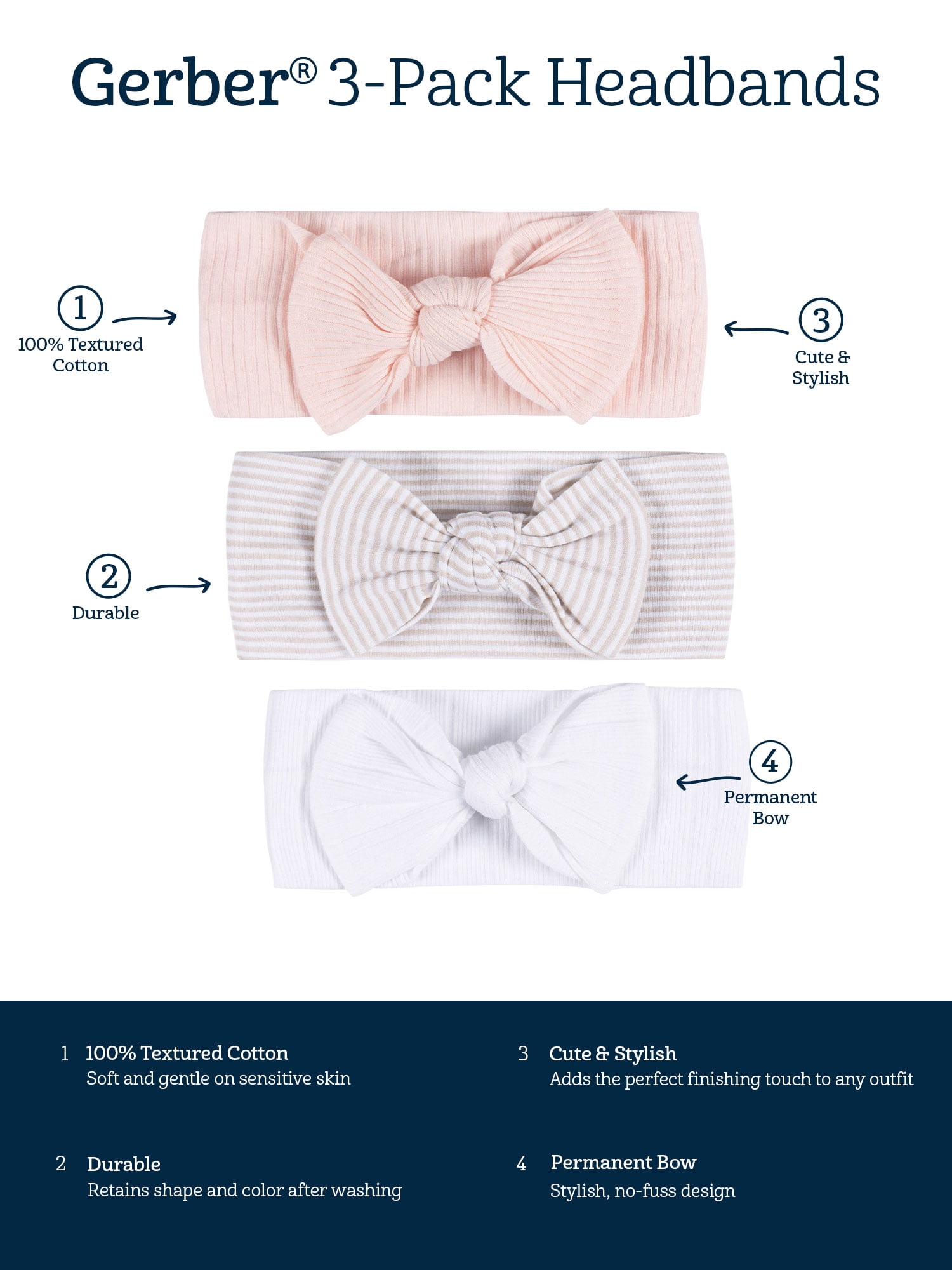 Gerber Baby Girl Soft and Stretchy Headband, 3-pack, One Size