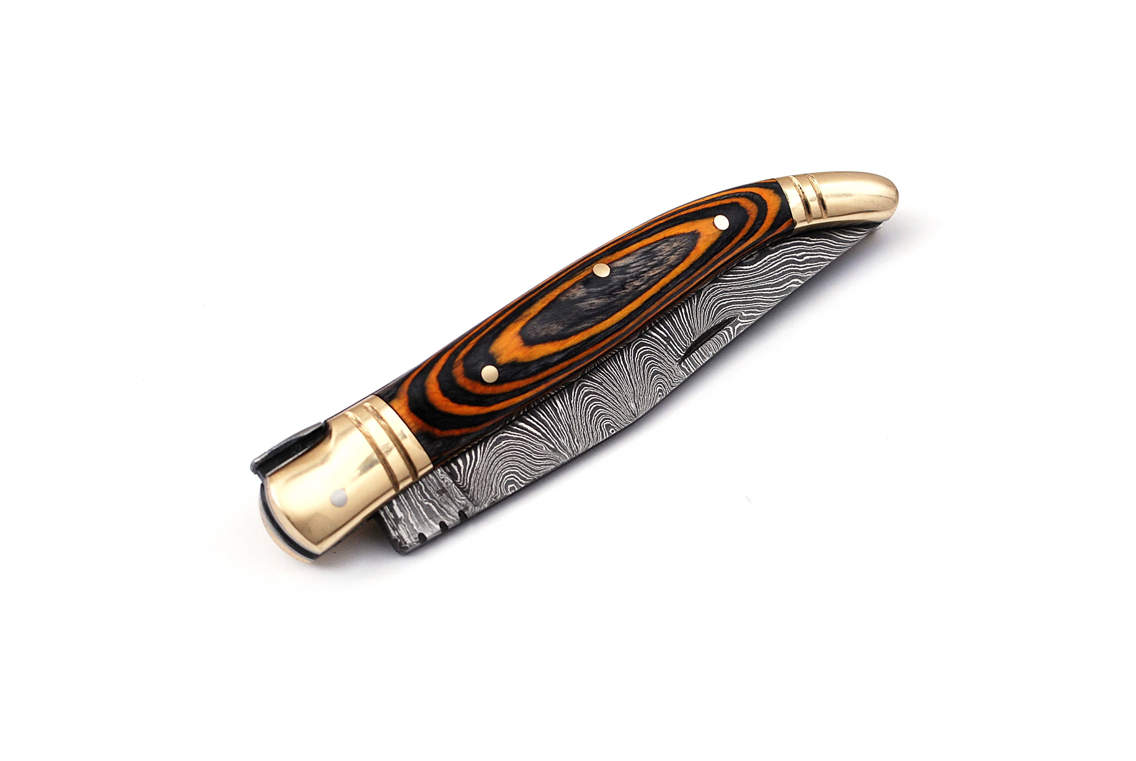 Damascus steel folding knife with leather sheath, 8.5 inches long laguiole pocket knife with 4 inches long Damascus steel Blade, 4.5 inches Orange and black multi colored wood scale with Brass bolster