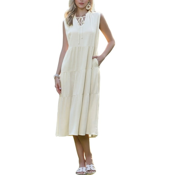 INSPIRE CHIC Midi Dress for Women Sleeveless V Neck Ruffle Collar Tie Flowy Tiered Summer Dresses S Apricot